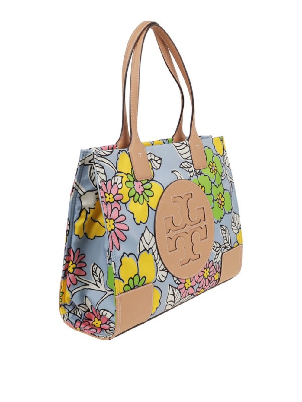 Tory Burch Pastel Floral Logo Tote in Light Blue and Tan - Picture 2 of 8